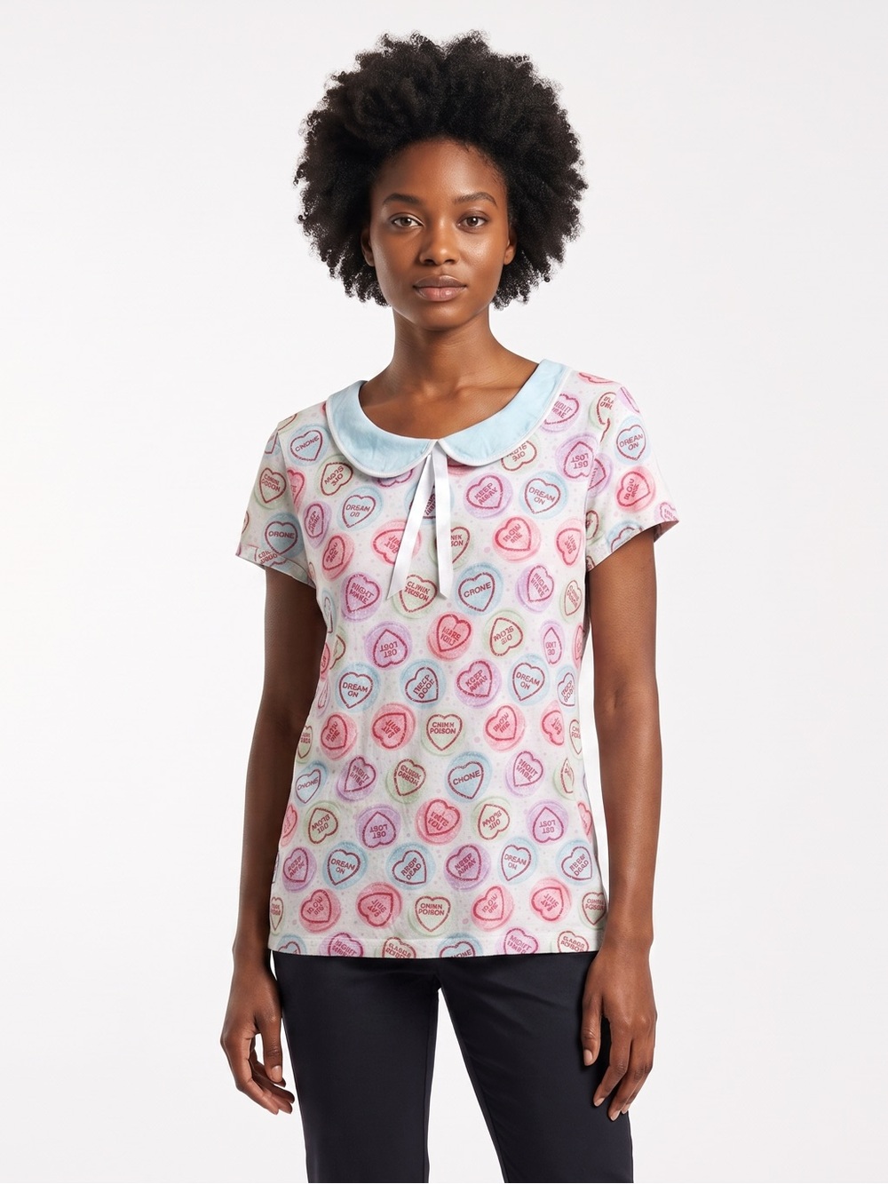 Pink Conversation Heart Print Short Sleeve Top with Light Blue Peter Pan Collar